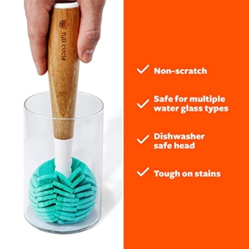 Full Circle Crystal Clear 2.0 Replaceable Glass Cleaner - Gentle Sponge Cleaning Brush for Washing Glasses – Bamboo Handle and Layered Cellulose Sponge Kitchen Dish Brush, One Size, White