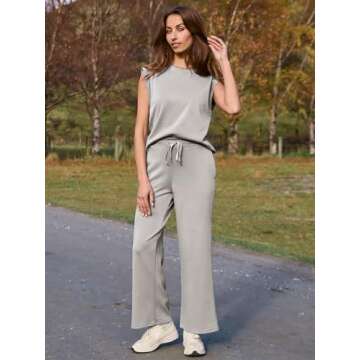 Glamaker Women's 2 Piece Sets Summer Lounge Travel Outfits Sleeveless Wide Leg Airport Casual Trendy Sweatsuits(Light Grey,Small)