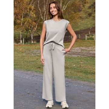Glamaker Women's 2 Piece Sets Summer Lounge Travel Outfits Sleeveless Wide Leg Airport Casual Trendy Sweatsuits(Light Grey,Small)