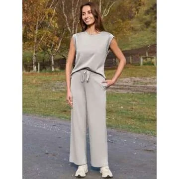 Glamaker Women's 2 Piece Sets Summer Lounge Travel Outfits Sleeveless Wide Leg Airport Casual Trendy Sweatsuits(Light Grey,Small)