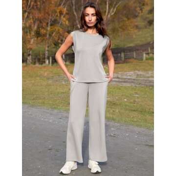 Glamaker Women's 2 Piece Sets Summer Lounge Travel Outfits Sleeveless Wide Leg Airport Casual Trendy Sweatsuits(Light Grey,Small)