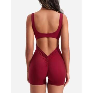 YEOREO One Piece Workout Jumpsuits for Women Backless Tummy Control Sleeveless Jumpsuits Lizvette V Back Scrunch Yoga Romper Wine Red M