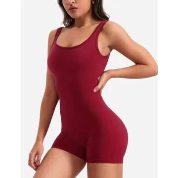 YEOREO One Piece Workout Jumpsuits for Women Backless Tummy Control Sleeveless Jumpsuits Lizvette V Back Scrunch Yoga Romper Wine Red M