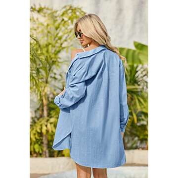 Runcati Womens Button Down Shirts Linen Cotton Long Sleeve Blouse Tunic Tops Cover Up Shirt Loose Beach Bikini Dress