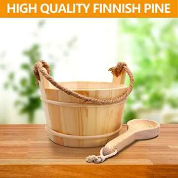 KAKUNM Sauna Bucket and Ladle 5 Liter (1.3 Gallon), Sauna Bucket, Finnish Pine Wooden Spa Accessories with Handmade Sauna Water Bucket, Plastic Liner and Rope Handle