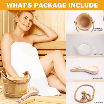 KAKUNM Sauna Bucket and Ladle 5 Liter (1.3 Gallon), Sauna Bucket, Finnish Pine Wooden Spa Accessories with Handmade Sauna Water Bucket, Plastic Liner and Rope Handle