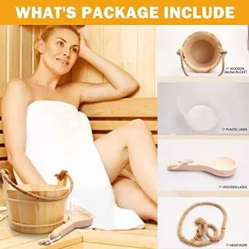 KAKUNM Sauna Bucket and Ladle 5 Liter (1.3 Gallon), Sauna Bucket, Finnish Pine Wooden Spa Accessories with Handmade Sauna Water Bucket, Plastic Liner and Rope Handle