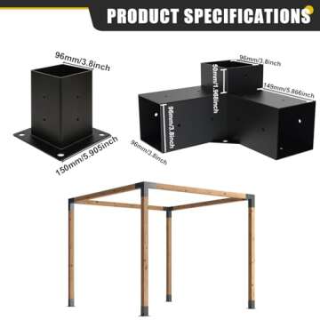 Kinchoix 4x4 Woodworks Pergola Brackets Kit, 3-Way Corner Extension Brackets, Black Powder Coated, 4...