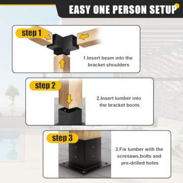 Kinchoix 4x4 Woodworks Pergola Brackets Kit, 3-Way Corner Extension Brackets, Black Powder Coated, 4x4 Metal Brackets for Wood Beams, Fence, and Carport (Actual: 3.5""x3.5""), SKU00053-3T4P