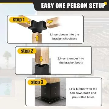 Kinchoix 4x4 Woodworks Pergola Brackets Kit, 3-Way Corner Extension Brackets, Black Powder Coated, 4x4 Metal Brackets for Wood Beams, Fence, and Carport (Actual: 3.5""x3.5""), SKU00053-3T4P