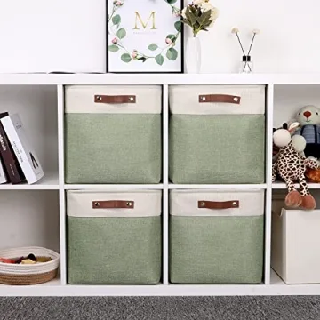 Temary Stylish Cube Storage Baskets 4-Pack with Leather Handles