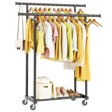HYSEYY Double Rods Clothes Rack, Rolling Clothing Rack for Hanging Clothes Portable Wardrobe Rack, M...
