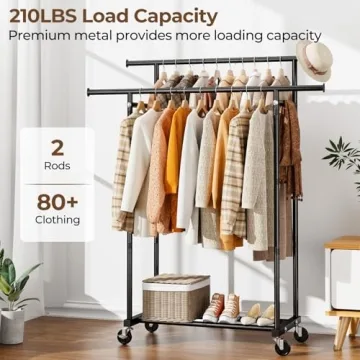 HYSEYY Double Rods Clothes Rack, Rolling Clothing Rack for Hanging Clothes Portable Wardrobe Rack, Metal Garment Rack Sturdy Coat Rack for Bedroom Laundry Living Room, Black
