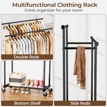 HYSEYY Double Rods Clothes Rack, Rolling Clothing Rack for Hanging Clothes Portable Wardrobe Rack, Metal Garment Rack Sturdy Coat Rack for Bedroom Laundry Living Room, Black