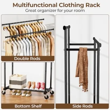 HYSEYY Double Rods Clothes Rack, Rolling Clothing Rack for Hanging Clothes Portable Wardrobe Rack, Metal Garment Rack Sturdy Coat Rack for Bedroom Laundry Living Room, Black