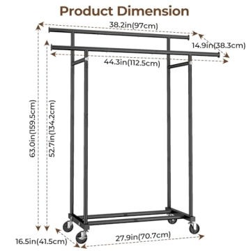 HYSEYY Double Rods Clothes Rack, Rolling Clothing Rack for Hanging Clothes Portable Wardrobe Rack, Metal Garment Rack Sturdy Coat Rack for Bedroom Laundry Living Room, Black