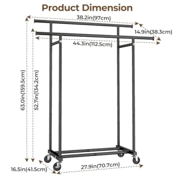 HYSEYY Double Rods Clothes Rack, Rolling Clothing Rack for Hanging Clothes Portable Wardrobe Rack, Metal Garment Rack Sturdy Coat Rack for Bedroom Laundry Living Room, Black
