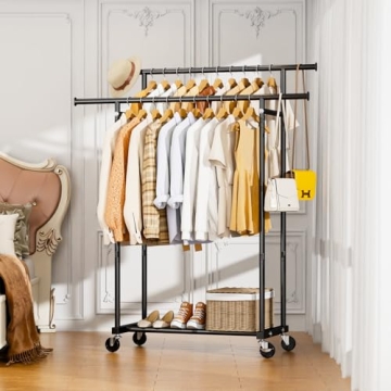 HYSEYY Double Rods Clothes Rack, Rolling Clothing Rack for Hanging Clothes Portable Wardrobe Rack, Metal Garment Rack Sturdy Coat Rack for Bedroom Laundry Living Room, Black
