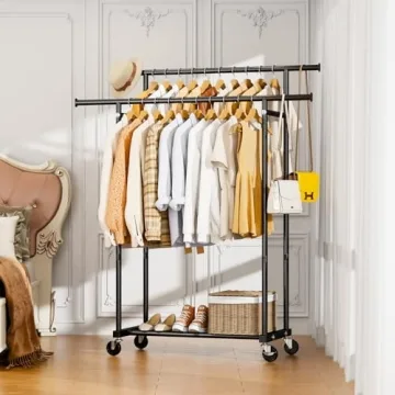 HYSEYY Double Rods Clothes Rack, Rolling Clothing Rack for Hanging Clothes Portable Wardrobe Rack, Metal Garment Rack Sturdy Coat Rack for Bedroom Laundry Living Room, Black