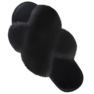 Parlovable Women's Cross Band Slippers Fuzzy Soft House Slippers Plush Furry Warm Cozy Open Toe Fluf...