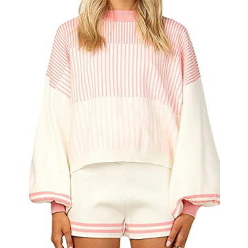 Gihuo Women's Striped Crewneck Knit Pullover & Shorts Set - Chic Loungewear