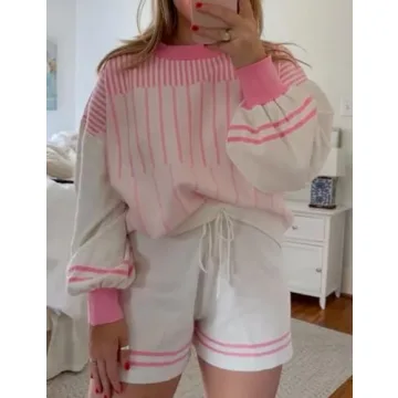 Gihuo Women's Striped 2 Piece Knit Pullover Shorts Set