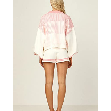 Gihuo Women's Striped 2 Piece Knit Pullover Shorts Set