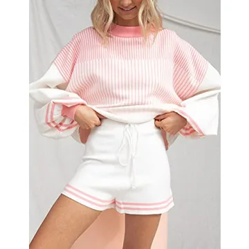 Gihuo Women's Striped 2 Piece Knit Pullover Shorts Set