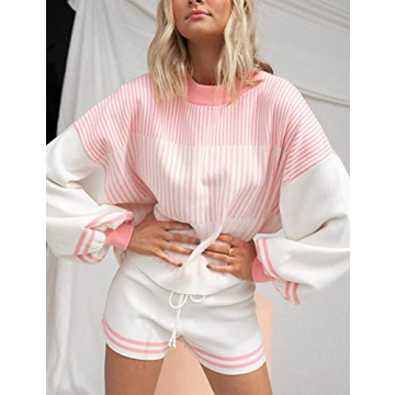 Gihuo Women's Striped 2 Piece Knit Pullover Shorts Set