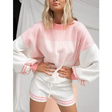 Gihuo Women's Striped 2 Piece Knit Pullover Shorts Set