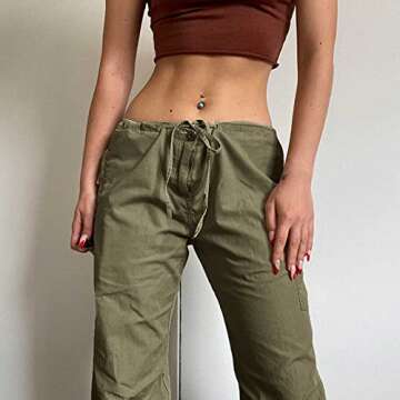 Women's Low Waist Cargo Casual Solid Color Harajuku Vintage Y2k Low Rise Baggy Jogger Relaxed Cinch Pants Army Green Small