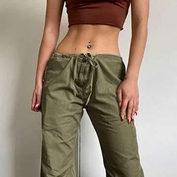 Women's Low Waist Cargo Casual Solid Color Harajuku Vintage Y2k Low Rise Baggy Jogger Relaxed Cinch Pants Army Green Small