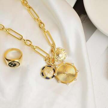 UniLogue Brass with 18K Gold Plated Sun Mountain River Landscape Necklace Created Pearl Zircons Inlaid Radial Line Unique Design Ins Hip Hop Unisex Choker Chain for Girls Women