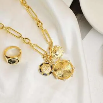 UniLogue Brass with 18K Gold Plated Sun Mountain River Landscape Necklace Created Pearl Zircons Inlaid Radial Line Unique Design Ins Hip Hop Unisex Choker Chain for Girls Women