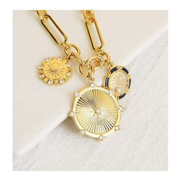 UniLogue Brass with 18K Gold Plated Sun Mountain River Landscape Necklace Created Pearl Zircons Inlaid Radial Line Unique Design Ins Hip Hop Unisex Choker Chain for Girls Women