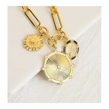 UniLogue Brass with 18K Gold Plated Sun Mountain River Landscape Necklace Created Pearl Zircons Inlaid Radial Line Unique Design Ins Hip Hop Unisex Choker Chain for Girls Women