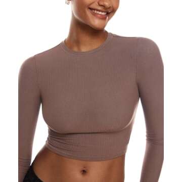 INLYRIC Women's Long Sleeve Crop Tops Crew Neck Ribbed Fitted Basic Fall Tops Tee Shirts Brown Purpl...