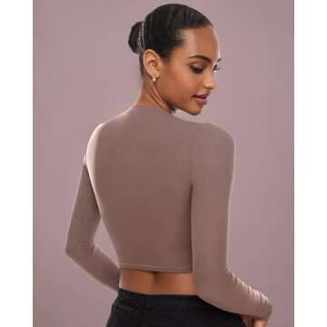 INLYRIC Women's Long Sleeve Crop Tops Crew Neck Ribbed Fitted Basic Fall Tops Tee Shirts Brown Purple X-Large