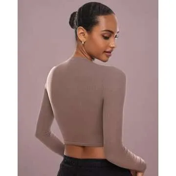 INLYRIC Women's Long Sleeve Crop Tops Crew Neck Ribbed Fitted Basic Fall Tops Tee Shirts Brown Purple X-Large