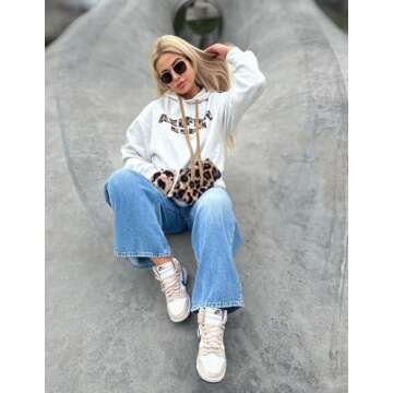 Aelfric Eden Oversized Hoodies Womens Leopard Letter Print Hoodie Fall Y2k Light Gray Hooded Sweatshirts with Pocket