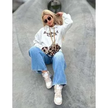 Aelfric Eden Oversized Hoodies Womens Leopard Letter Print Hoodie Fall Y2k Light Gray Hooded Sweatshirts with Pocket