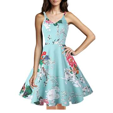 GOOBGS Women's 1950s Retro Vintage Spaghetti Strap Cocktail Swing Dresses with Pockets Green Flower ...