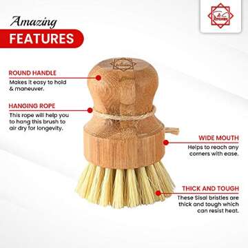 S & C Kitchen - Bamboo Scrub Brush with a Ceramic Holder - Cleaning Dishes, Pots, Sinks - Natural Bamboo (Sisal) Bristles - Bamboo Pot Cleaning Brush - 1PC + Plate Set
