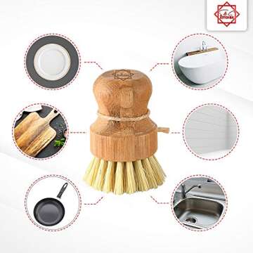 S & C Kitchen - Bamboo Scrub Brush with a Ceramic Holder - Cleaning Dishes, Pots, Sinks - Natural Bamboo (Sisal) Bristles - Bamboo Pot Cleaning Brush - 1PC + Plate Set