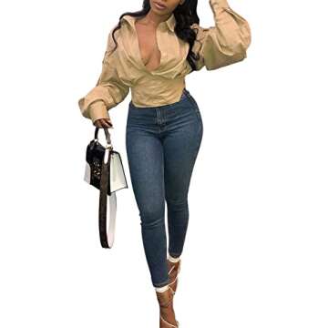 Remelon Women's V Neck Puff Sleeve Tunic Blouse in Khaki