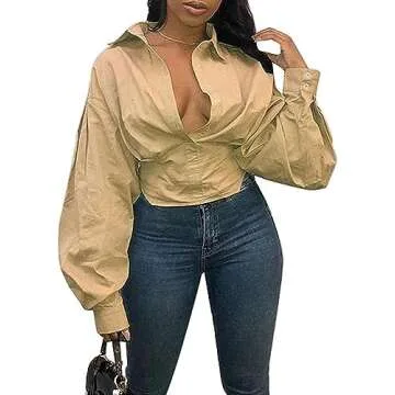 Remelon Women's V Neck Puff Sleeve Tunic Blouse in Khaki