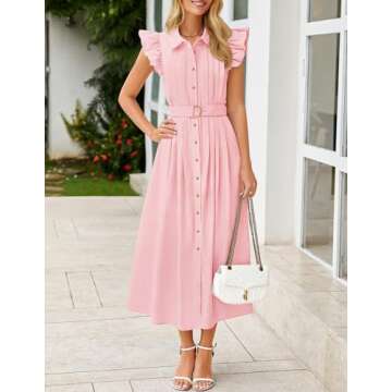 ZESICA Women's 2025 Summer Boho Button Midi Dresses Casual V Neck Flutter Sleeve Belted Long Dresses with Pockets,Pink,Medium