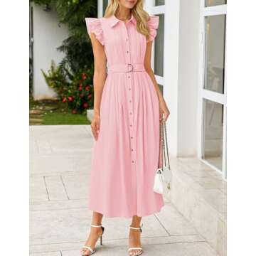 ZESICA Women's 2025 Summer Boho Button Midi Dresses Casual V Neck Flutter Sleeve Belted Long Dresses with Pockets,Pink,Medium