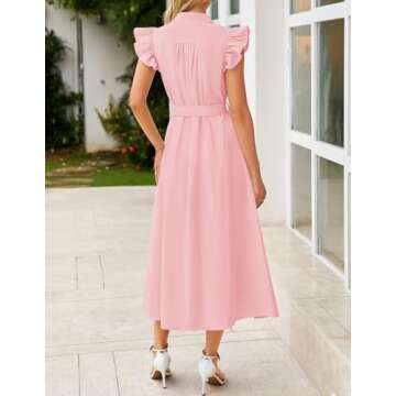 ZESICA Women's 2025 Summer Boho Button Midi Dresses Casual V Neck Flutter Sleeve Belted Long Dresses with Pockets,Pink,Medium