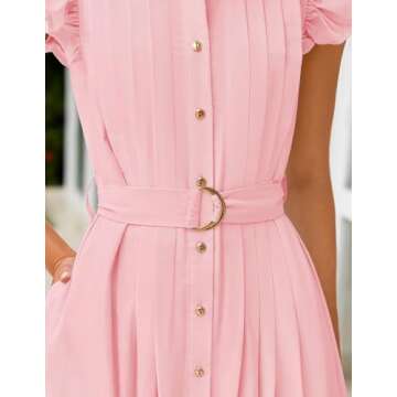 ZESICA Women's 2025 Summer Boho Button Midi Dresses Casual V Neck Flutter Sleeve Belted Long Dresses with Pockets,Pink,Medium